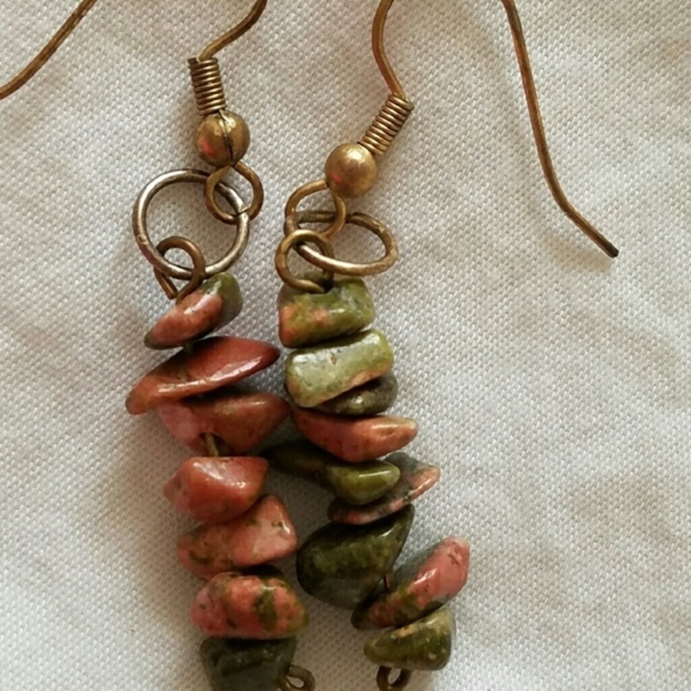 GENUINE stone (Unakite), earrings, gold tone